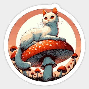 Funny Vintage White Cat in Mushroom Garden Sticker